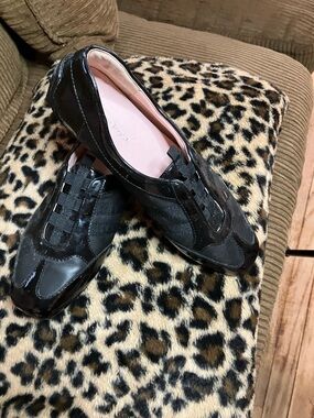 Taryn Rose Black Patent & Suede Slip-On Sneakers with Pink Insole
